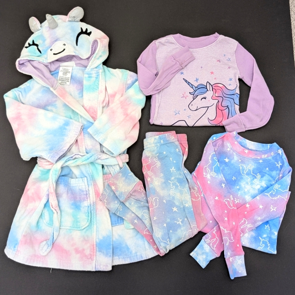 4 pc 4T Unicorn sleepwear+ Robe bundle 4 piece Kirkland cotton terry rainbow